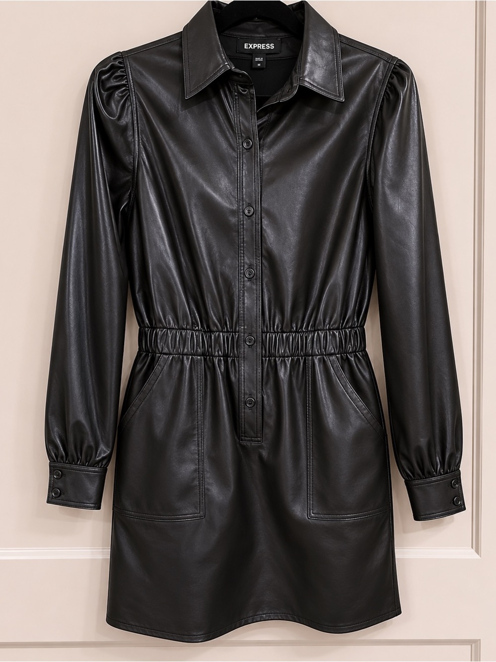 Express Black Faux Leather Button-Front Shirt Dress